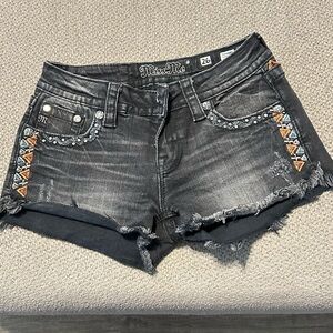 Miss Me Distressed Black Jean Shorts with Orange Accents